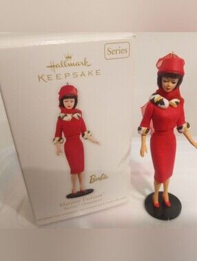 Hallmark Barbie Ornament in Bright Red Outfit with Black Base
